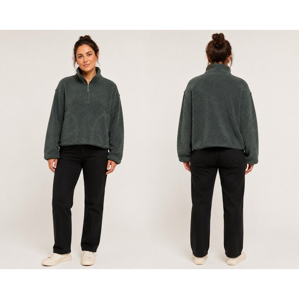 90 Degree by Reflex Womens XL Sherpa Fleece Quarter Zip Pullover Gray Green